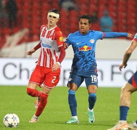 07.11.2023 Belgrade(Serbia) FK Crvena Zvezda(Red Star)-RB Leipzig Uefa Champions League group stage men s football Kosta Nedeljkovic (L) Crvena Zvezda(Red Star),Fabio Carvalho(R) RB Leipzig :S.Sandic