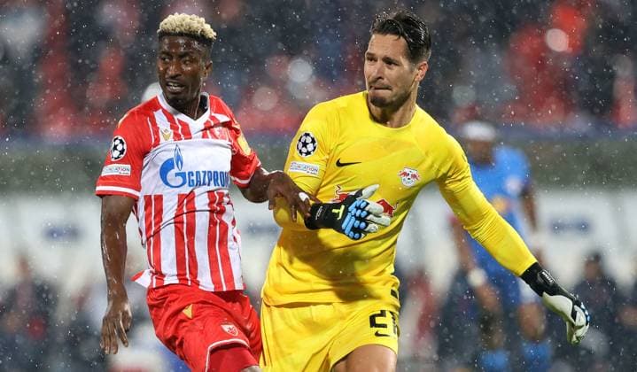 07.11.2023 Belgrade(Serbia) FK Crvena Zvezda(Red Star)-RB Leipzig Uefa Champions League group stage men s football Peter Olayinka(L) Crvena Zvezda(Red Star),Janis Blaswich(R) RB Leipzig :S.Sandic