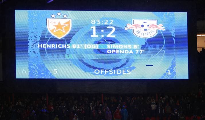 07.11.2023 Belgrade(Serbia) FK Crvena Zvezda(Red Star)-RB Leipzig Uefa Champions League group stage men s football Result with display after match Crvena Zvezda(Red Star)- RB Leipzig 1:2 :S.Sandic