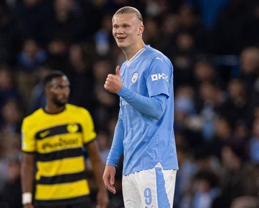 (231108) -- MANCHESTER, Nov. 8, 2023 -- Manchester City s Erling Haaland celebrates after scoring during the UEFA Champions League Group G match between Manchester City FC and BSC Young Boys in Manchester, Britain, on Nov. 7, 2023. (SP)BRITAIN-MANCHESTER-FOOTBALL-UEFA CHAMPIONS LEAGUE-MANCHESTER CITY VS BSC YOUNG BOYS XinxHua 