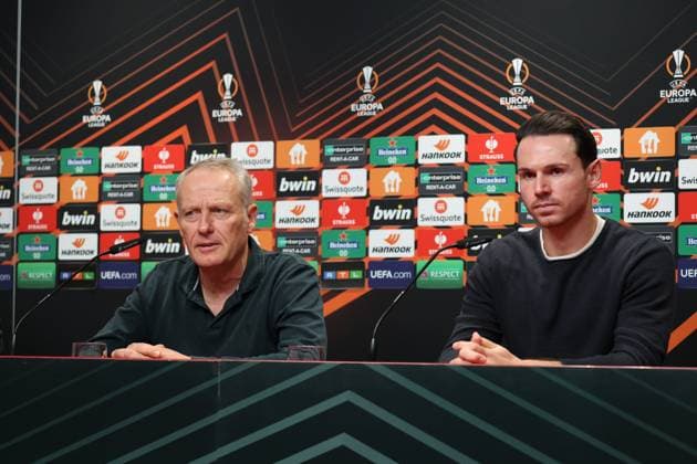 Freiburg, Germany 08 November 2023 Football Europa League 2023 2024 SC Freiburg press conference Matchday conference In the picture coach Christian Streich SC Freiburg and Nicolas Höfler SC Freiburg at the press conference before the match against TSC Backa Topola Europa Park Stadion Baden Württemberg Copyright: xFotostandx xHettichx