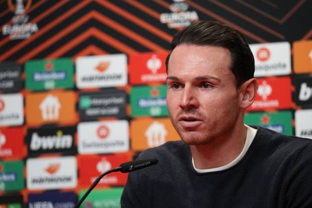Freiburg, Germany 08 November 2023 Football Europa League 2023 2024 SC Freiburg press conference Matchday conference In the picture Nicolas Höfler Hoefler SC Freiburg at the PK before the match against TSC Backa Topola Europa Park Stadion Baden Württemberg Copyright: xFotostandx xHettichx