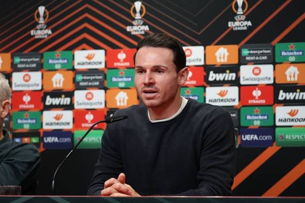 Freiburg, Germany 08 November 2023 Football Europa League 2023 2024 SC Freiburg press conference Matchday conference In the picture Nicolas Höfler Hoefler SC Freiburg at the PK before the match against TSC Backa Topola Europa Park Stadion Baden Württemberg Copyright: xFotostandx xHettichx