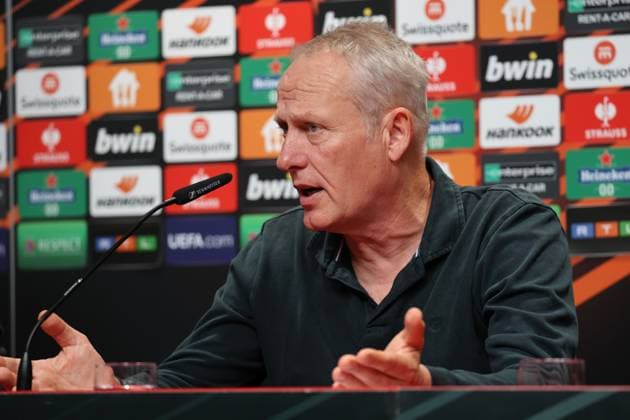 Freiburg, Germany 08 November 2023 Soccer Europa League 2023 2024 SC Freiburg press conference Matchday conference In the picture coach Christian Streich SC Freiburg in the press conference before the match against TSC Backa Topola Europa Park Stadion Baden Württemberg Copyright: xFotostandx xHettichx