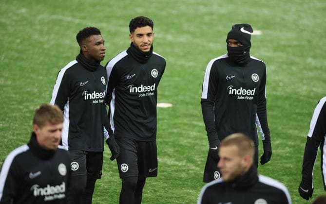 09 11 2023, Football UEFA Europa Conference League, HJK Helsinki Eintracht Frankfurt, emonline, emspor, v l , Aurelio Buta Eintracht Frankfurt , Omar Marmoush Eintracht Frankfurt , Niels Nkounkou Eintracht Frankfurt at final training DFL DFB REGULATIONS PROHIBIT ANY USE OF PHOTOGRAPHS AS IMAGE SEQUENCES AND OR QUASI VIDEO xdcx Copyright: HMBxMedia