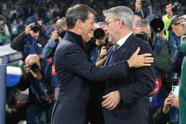 Sport Bilder des Tages Italy: Champions League match SSC Napoli vs Union Berlin SSC Napoli s French coach Rudi Jose Garcia and Berlin™s Swiss coach Urs Fischer during the Uefa champions league match between SSC Napoli vs Union Berlin at the Diego Armando Maradona Stadium in Naples, southern Italy, on November 08, 2023. DSCF0643 Copyright: xAntonioxBalascox