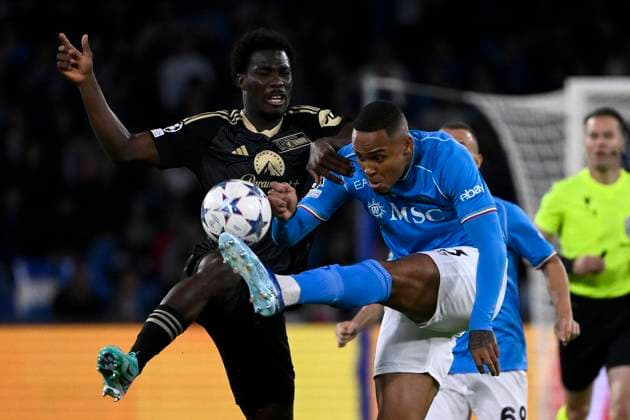 David Datro Fofana of FC Union Berlin and Natan Bernardo de Souza of SSC Napoli during the Champions League Group C football match between SSC Napoli and FC Union Berlin at Diego Armando Maradona stadium in Naples (Italy), November 8th, 2023. AndreaxStaccioli