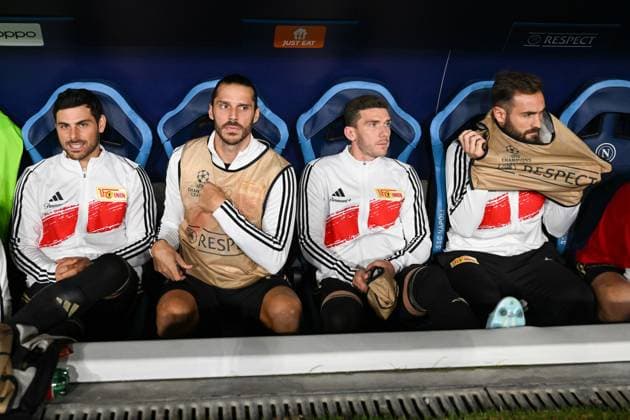 Football, Men, Season 2023 2024, UEFA Champions League Group C, Matchday 4 , SSC Napoli 1 FC Union Berlin, f l Kevin Volland 1 FC Union Berlin , Christopher Trimmel 1 FC Union Berlin , Robin Gosens 1 FC Union Berlin and Robin Knoche 1 FC Union Berlin sit on the bench, 08 11 2023, Copyright: xMatthiasxKochx