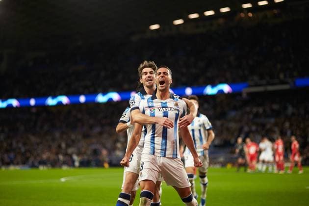 November 8, 2023: Mikel Merino of Real Sociedad reacts after scoring goal during the UEFA Champions League match between Real Sociedad and SL Benfica at Reale Arena on November 8, 2023, in San Sebastian, Spain. - ZUMAa181 20231108_zaa_a181_001 Copyright: xRicardoxLarreinax