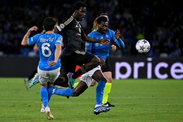 Mario Rui of SSC Napoli, David Datro Fofana of FC Union Berlin and Andre-Frank Zambo Anguissa of SSC Napoli compete for the ball during the Champions League Group C football match between SSC Napoli and FC Union Berlin at Diego Armando Maradona stadium in Naples (Italy), November 8th, 2023. AndreaxStaccioli