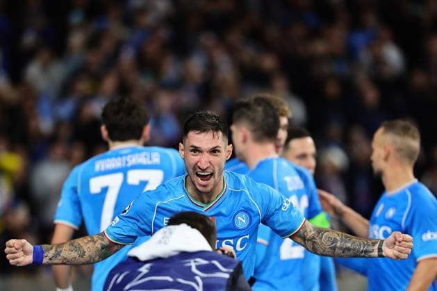 Matteo Politano of SSC Napoli celebrates after scoring the goal of 1-0 during the Champions League Group C football match between SSC Napoli and FC Union Berlin at Diego Armando Maradona stadium in Naples (Italy), November 8th, 2023. cesarexpurini