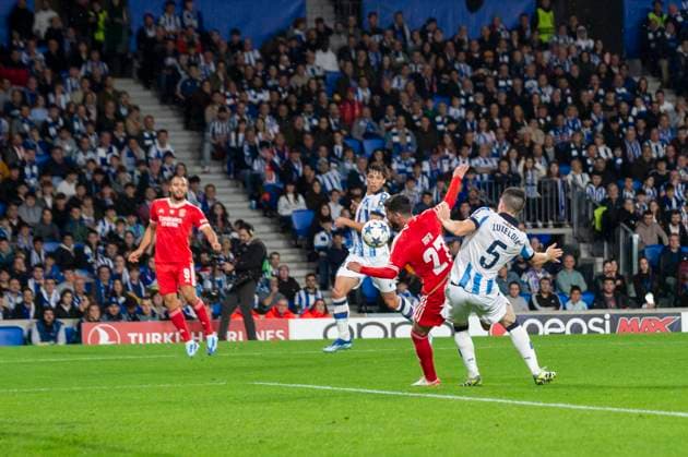 Real Sociedad Vs Benfica: Group D - UEFA Champions League Rafa Silva of SL Benfica vies with Igor Zubeldia of Real Sociedad during the UEFA Champions League match between Real Sociedad and Benfica at Reale Arena. Donostia (Basque Country). November 08, 2023. (Gari Garaialde Bostok Photo) Donostia Gipuzkoa Spain Editorial Use Only  Copyright: xGarikoitzxGaraialdex Bostok Photo GarixGaraialdex GG2311080410