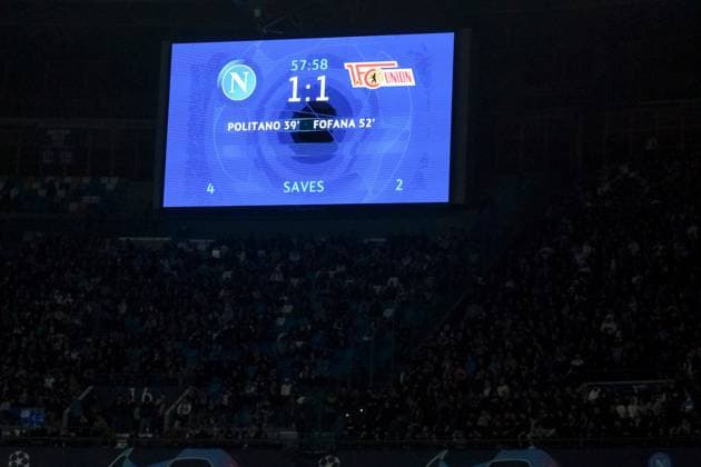 The stadium scoreboard showing the partial result during the Uefa champions league match between SSC Napoli vs Union Berlin at the Diego Armando Maradona Stadium in Naples, southern Italy, on November 08, 2023.  Copyright: xAntonioxBalasco IPAxSportx xipa-x xx IPA_41503277 IPA_Agency_IPA41503277