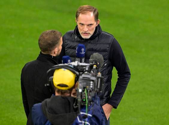 08 11 2023, Football UEFA Championsleague 2023 2024 4 Matchday Preliminary Round, FC Bayern Munich Galatasaray Istanbul SK, in the Allianz Arena Munich Coach Thomas Tuchel FC Bayern Munich during an interview with DANZ DFL and DFB regulations prohibit any use of photographs as image sequences and or quasi video