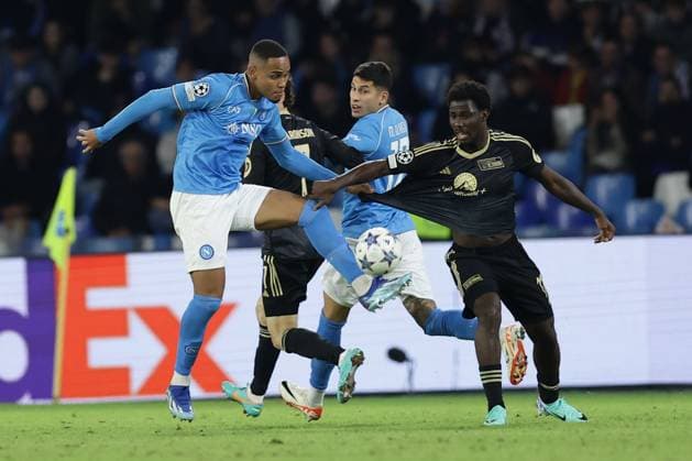 SSC NapoliÃ¢& x80;& x99;s Brazilian defender Natan Bernardo de Souza challenges for the ball with Berlin s Ivorian forward Datro Fofana during the Uefa champions league match between SSC Napoli vs Union Berlin at the Diego Armando Maradona Stadium in Naples, southern Italy, on November 08, 2023.  Copyright: xAntonioxBalasco IPAxSportx xipa-x xx IPA_41503588 IPA_Agency_IPA41503588