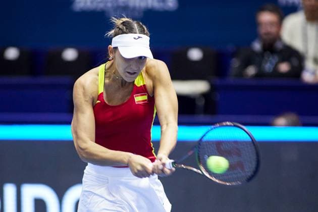 November 8, 2023: Rebeka Masarova of Spain in action during tennis match between Spain and Canada The Billie Jean King Cup Finals 2023 at La Cartuja stadium on November 8, 2023, in Sevilla, Spain - ZUMAa181 20231108_zaa_a181_026 Copyright: xJoaquinxCorcherox