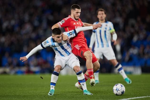 November 8, 2023: Ander Barrenetxea of Real Sociedad competes for the ball during the UEFA Champions League match between Real Sociedad and SL Benfica at Reale Arena on November 8, 2023, in San Sebastian, Spain. - ZUMAa181 20231108_zaa_a181_041 Copyright: xRicardoxLarreinax