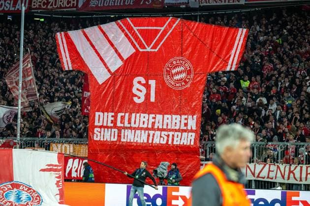 Poster of the fans and spectators of Miuenchen, The club colors are untouchable, GER, FC Bayern Muenchen FCB vs Galatasaray Istanbul, Football, Champions League, Group stage, 2023 2024 season, 08 11 2023, DFB DFL regulations prohibit any use of photographs as image sequences and or quasi video , GER, FC Bayern Muenchen FCB vs Galatasaray Istanbul, Football, Champions League, Group stage, 2023 2024 season, 08 11 2023 Muenchen Copyright: xEibner-Pressefoto SaschaxWaltherx EP_EER