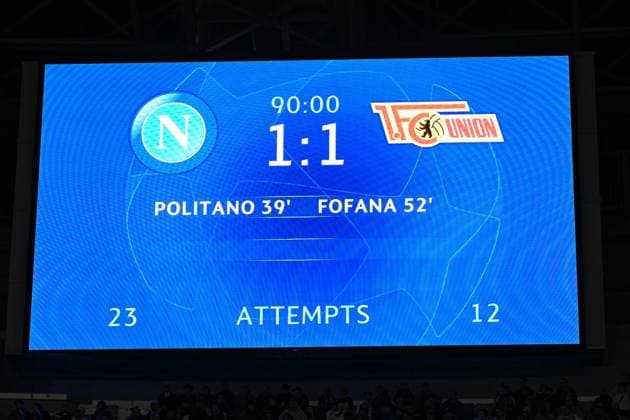 Football, Men, Season 2023 2024, UEFA Champions League Group C, Matchday 4 , SSC Napoli 1 FC Union Berlin, v l Scoreboard with final score 1 1, 08 11 2023, Copyright: xMatthiasxKochx