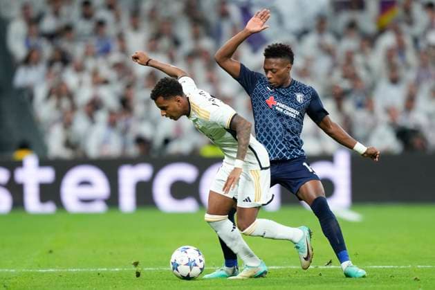 Rodrigo Goes of Real Madrid CF and Alvaro Djalo of SC Braga during Real Madrid vs SC Braga Champions League match on November 08, 2023 at Santiago Bernabeu Stadium in Madrid, Spain. Photo: Senis Cebolla ALFAQUI Madrid Santiago Bernabeu Stadium Spain Copyright: xSenisx xCebollax xALFAQUIx