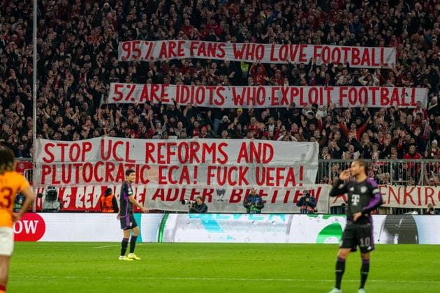 Banner Fans and Spectators of Muenchen, Fuxk UEFA, Stop UCL Reforms, GER, FC Bayern Muenchen FCB vs Galatasaray Istanbul, Football, Champions League, Group Stage, 2023 2024 Season, 08 11 2023, DFB DFL regulations prohibit any use of photographs as image sequences and or quasi video , GER, FC Bayern Muenchen FCB vs Galatasaray Istanbul, Football, Champions League, Group Stage, 2023 2024 Season, 08 11 2023 Muenchen Copyright: xEibner-Pressefoto SaschaxWaltherx EP_EER