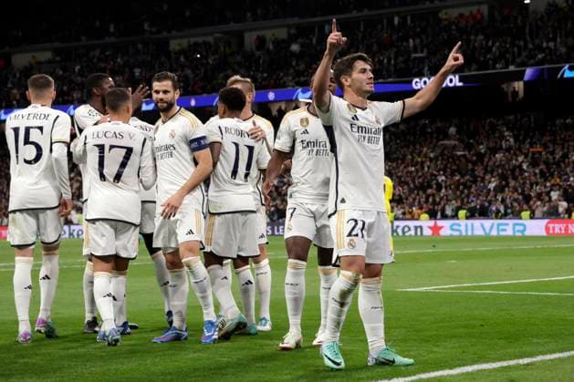 Brahim Diaz of Real Madrid CF goal during Real Madrid vs SC Braga Champions League match on November 08, 2023 at Santiago Bernabeu Stadium in Madrid, Spain. Photo: Senis Cebolla ALFAQUI Madrid Santiago Bernabeu Stadium Spain Copyright: xSenisx xCebollax xALFAQUIx