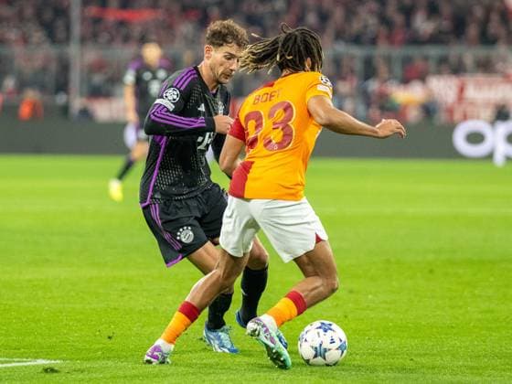 Sacha Boey Galatasaray Istanbul, 93 , Leon Goretzka FC Bayern Muenchen, 08 , GER, FC Bayern Muenchen FCB vs Galatasaray Istanbul, Football, Champions League, Group Stage, 2023 2024 Season, 08 11 2023, DFB DFL regulations prohibit any use of photographs as image sequences and or quasi video , GER, FC Bayern Muenchen FCB vs Galatasaray Istanbul, Football, Champions League, Group Stage, 2023 2024 Season, 08 11 2023 Muenchen Copyright: xEibner-Pressefoto SaschaxWaltherx EP_EER