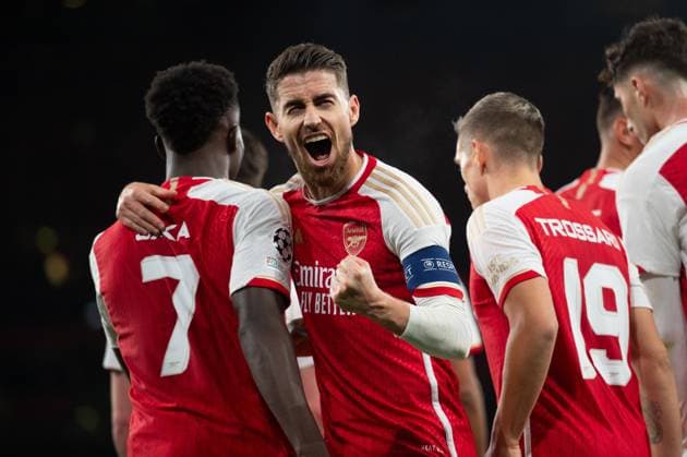 8th November 2023; Emirates Stadium, London, England; Champions League Football, Group Stage, Arsenal versus Sevilla; Jorginho of Arsenal celebrates after Leandro Trossard of Arsenal after he scored for 1-0 in the 30th minute  ActionPlus12573848 SalvioxCalabrese