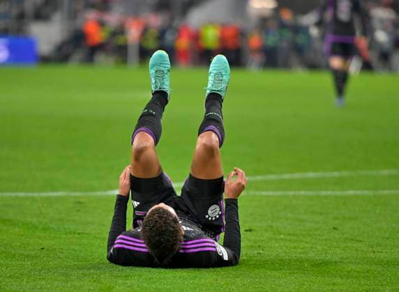 08 11 2023, Football UEFA Championsleague 2023 2024 4 Matchday Preliminary Round, FC Bayern Munich Galatasaray Istanbul SK, at Allianz Arena Munich Jamal Musiala FC Bayern Munich on the ground DFL and DFB regulations prohibit any use of photographs as image sequences and or quasi video