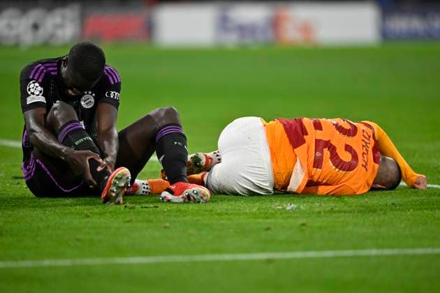 after duel Dayot Upamecano FC Bayern Muenchen FCB 02 vs Hakim Ziyech Galatasaray Istanbul 22 injured Injury FC Bayern Muenchen FCB vs Galatasaray Istanbul Group stage 4 Matchday 08 11 2023 DFL REGULATIONS PROHIBIT ANY USE OF PHOTOGRAPHS AS IMAGE SEQUENCES AND OR QUASI VIDEO FC Bayern Muenchen FCB vs Galatasaray Istanbul