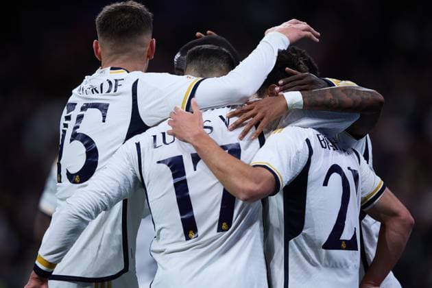 Brahim Diaz of Real Madrid CF celebrating his goal with his teammates during the UEFA Champions League match between Real Madrid and Sporting Braga in Madrid, Spain, on November 8, 2023 (photo by: Panoramic) FOOTBALL : Real Madrid vs Braga - UEFA Ligue des Champions - 08 11 2023 AlvaroMedranda Panoramic 