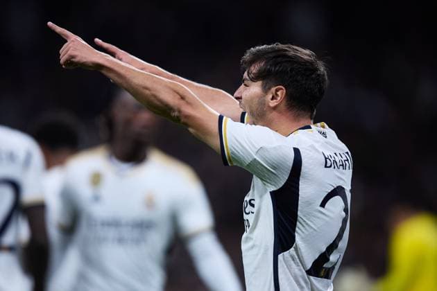 Brahim Diaz of Real Madrid CF celebrating his goal with his teammates during the UEFA Champions League match between Real Madrid and Sporting Braga in Madrid, Spain, on November 8, 2023 (photo by: Panoramic) FOOTBALL : Real Madrid vs Braga - UEFA Ligue des Champions - 08 11 2023 AlvaroMedranda Panoramic 