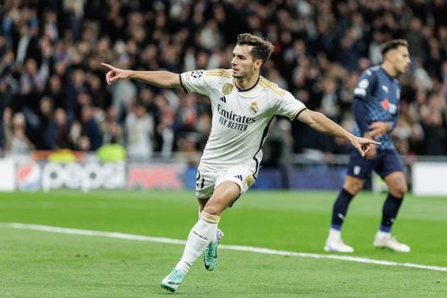 November 8, 2023: Brahim Diaz of Real Madrid celebrates a goal during the UEFA Champions League, Group C, football match played between Real Madrid and SC Braga at Santiago Bernabeu stadium on November 08, 2023, in Madrid, Spain. - ZUMAa181 20231108_zaa_a181_093 Copyright: xGuillermoxMartinezx