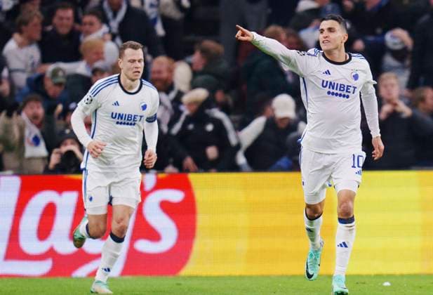 FC Copenhagen s Mohamed Elyounoussi 10 celebrates after scoring in the UEFA Champions League Group A football match between FC Copenhagen and Manchester United in Parken November 8, 2023 , Copenhagen Denmark  Copyright: Ritzau Scanpix LiselottexSabroex COP14436 spdk20231108-220720-L