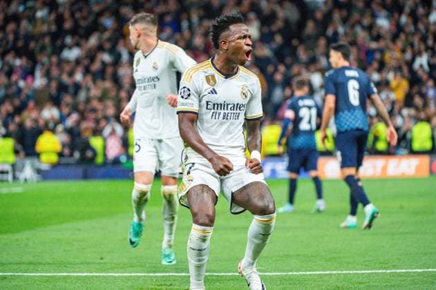 Real Madrid vs Braga; Matchday 04 Uefa Champions League 2023 2024 Vinicius Junior (Real Madrid) celebrate his goal during the football match of Uefa Champions League between Real Madrid vs Braga played at Bernabeu stadium on November 08, 2023 in Madrid, Spain Madrid Bernabeu stadium Madrid Spain Copyright: xAlbertoxGardinx AGardin_20231108_football_Champions League_Real Madrid vs Braga_211