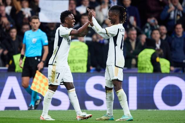 Vinicius Junior of Real Madrid CF celebrating his goal with his teammates during the UEFA Champions League match between Real Madrid and Sporting Braga in Madrid, Spain, on November 8, 2023 (photo by: Panoramic) FOOTBALL : Real Madrid vs Braga - UEFA Ligue des Champions - 08 11 2023 AlvaroMedranda Panoramic 