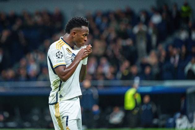 Sport Bilder des Tages Real Madrid vs Braga; Matchday 04 Uefa Champions League 2023 2024 Vinicius Junior (Real Madrid) celebrate his goal during the football match of Uefa Champions League between Real Madrid vs Braga played at Bernabeu stadium on November 08, 2023 in Madrid, Spain Madrid Bernabeu stadium Madrid Spain Copyright: xAlbertoxGardinx AGardin_20231108_football_Champions League_Real Madrid vs Braga_218