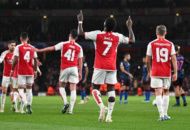 Arsenal v Sevilla UEFA Champions League Bukayo Saka of Arsenal scores the second goal during the UEFA Champions League Group B match at the Emirates Stadium, London Copyright: xNigelxBramleyx FIL-19220-0053 UK Newspapers OUT