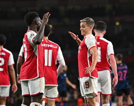 Arsenal v Sevilla UEFA Champions League Bukayo Saka of Arsenal celebrates scoring the second goal with Leandro Trossard of Arsenal during the UEFA Champions League Group B match at the Emirates Stadium, London Copyright: xNigelxBramleyx FIL-19220-0057 UK Newspapers OUT