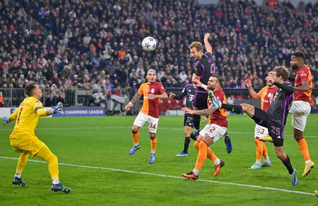 08 11 2023, Football UEFA Championsleague 2023 2024 Matchday 4 Preliminary Round, FC Bayern Munich Galatasaray Istanbul SK, at Allianz Arena Munich Harry Kane FC Bayern Munich scores 1 0 against goalkeeper Fernando Muslera Galatasaray Istanbul DFL and DFB regulations prohibit any use of photographs as image sequences and or quasi video