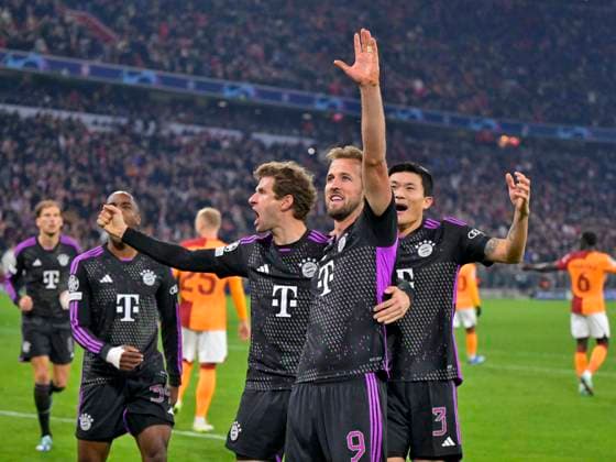 08 11 2023, Football UEFA Championsleague 2023 2024 4 Matchday Preliminary Round, FC Bayern Munich Galatasaray Istanbul SK, in the Allianz Arena Munich Goal celebration v l Mathys Tel Bayern Munich , Thomas Müller FC Bayern Munich , Harry Kane FC Bayern Munich and Min jae Kim FC Bayern Munich, Minjae Kim, Kim Min jae DFL and DFB regulations prohibit any use of photographs as image sequences and or quasi video