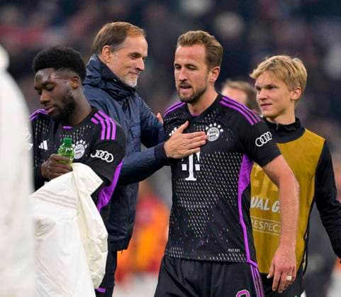 08 11 2023, Football UEFA Championsleague 2023 2024 4 Matchday Preliminary Round, FC Bayern Munich Galatasaray Istanbul SK, in the Allianz Arena Munich v l Coach Thomas Tuchel FC Bayern Munich celebrates with Harry Kane FC Bayern Munich DFL and DFB regulations prohibit any use of photographs as image sequences and or quasi video