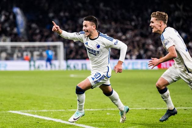231108 Roony Bardghji of FC Copenhagen celebrates during the 4 3 goal during the UEFA Champions League football match between FC Copenhagen and Manchester United on November 8, 2023 in Copenhagen Photo Petter Arvidson BILDBYRAN kod PA PA0685 fotboll football soccer fotball champions league fc copenhagen manchester united bbeng jubel  Copyright: PETTERxARVIDSON BB231108PA127
