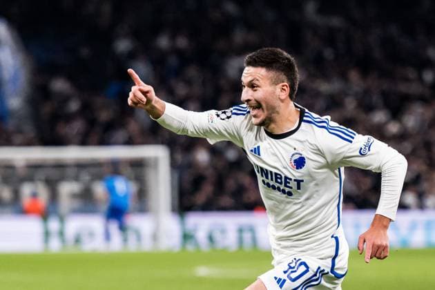 231108 Roony Bardghji of FC Copenhagen celebrates during the 4 3 goal during the UEFA Champions League football match between FC Copenhagen and Manchester United on November 8, 2023 in Copenhagen Photo Petter Arvidson BILDBYRAN kod PA PA0685 fotboll football soccer fotball champions league fc copenhagen manchester united bbeng jubel  Copyright: PETTERxARVIDSON BB231108PA128