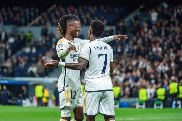 Vinicius Junior (Real Madrid) celebrate his goal with Eduardo Camavinga (Real Madrid) during the football match of Uefa Champions League between Real Madrid vs Braga played at Bernabeu stadium on November 08, 2023 in Madrid, Spain  Copyright: xAlbertoxGardin IPAxSportx xipa-ax xx IPA_41505898 IPA_Agency_IPA41505898