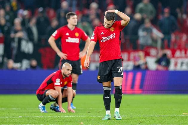FC Copenhagen v Manchester United, ManU Champions League 08 11 2023. Manchester United players look dejected at full time during the Champions League match between FC Copenhagen and Manchester United at Parken Stadium, Copenhagen, Denmark on 8 November 2023. Editorial use only , Copyright: xNigelxKeenex PSI-18364-0032