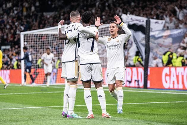 8th November 2023; Santiago Bernabeu Stadium, Madrid, Spain, Champions League Football, Group Stage, Real Madrid versus Sporting Braga; Vinicius Jr celebrates as he scores the goal for 2-0 for Real Madrid  ActionPlus12573874 JorgexRopero xAgenciaxLOF