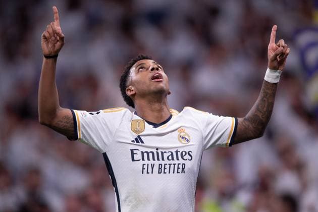 8th November 2023; Santiago Bernabeu Stadium, Madrid, Spain, Champions League Football, Group Stage, Real Madrid versus Sporting Braga; Rodrygo Goes breaks through and scores the goal for 3-0  ActionPlus12573918 JorgexRopero xAgenciaxLOF