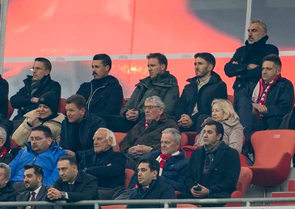 08 11 2023, Football UEFA Championsleague 2023 2024 4 Matchday Preliminary Round, FC Bayern Munich Galatasaray Istanbul SK, in the Allianz Arena Munich National Coach Julian Nagelsmann top middle, Germany with Co Coach Sandro Wagner Germany in the VIP stand DFL and DFB regulations prohibit any use of photographs as image sequences and or quasi video