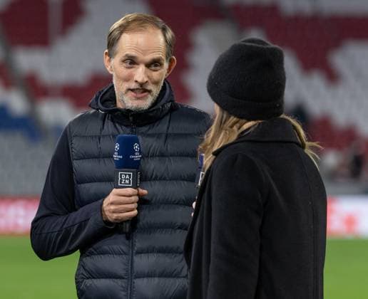 Thomas Tuchel head coach, FC Bayern Muenchen during the post-match interview with Laura Wontorra presenter, DAZN GER, FC Bayern Muenchen vs Galatasaray Istanbul, Football, Champions League, Group stage, Matchday 4, Season 2023 2024, 08 11 2023 DFL DFB REGULATIONS PROHIBIT ANY USE OF PHOTOGRAPHS as IMAGE SEQUENCES and or QUASI VIDEO GER, FC Bayern Muenchen vs Galatasaray Istanbul, Football, Champions League, Group stage, Matchday 4, Season 2023 2024, 08 11 2023 Muenchen Copyright: xEibner-Pressefoto HeikexFeinerx EP_HFR